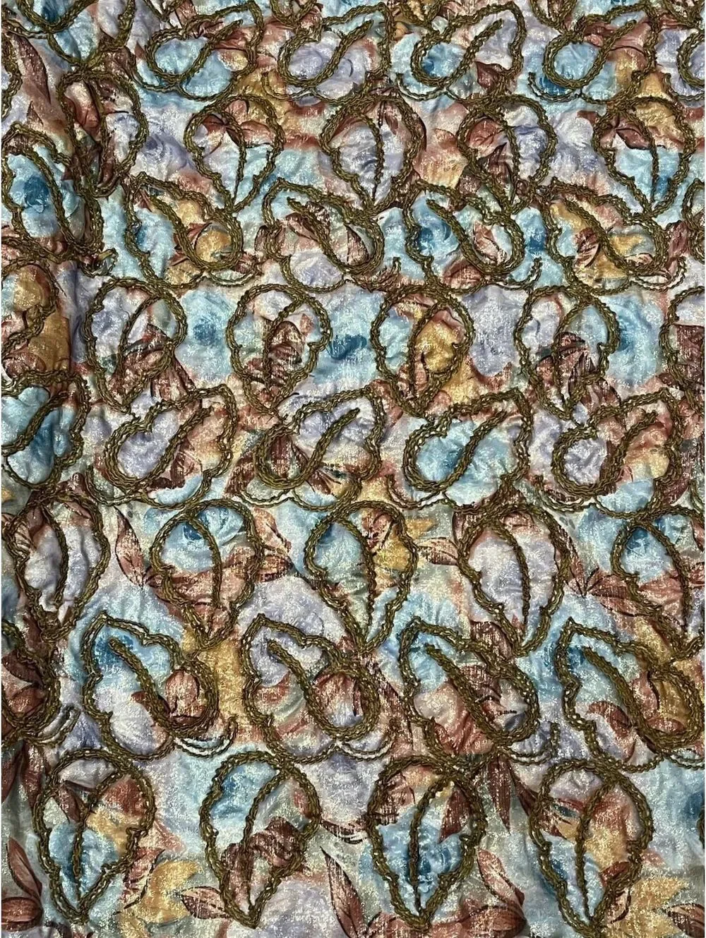 3 Yards VTG Designer Deadstock Quilted Metallic Leaf Soutache Embroidered Fabric